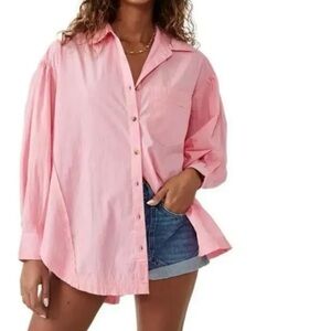 We The Free People Shirt Womens XSmall Pink Happy Hour Button Up Raw Hem Pocket